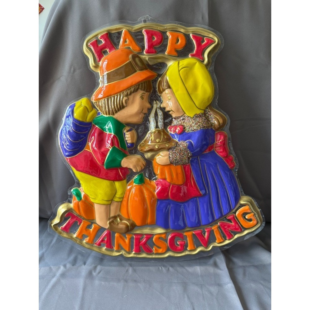 Vtg 2pcs Happy Thanksgiving Plastic 3D Pilgrim Fall‎ Wall Hanging Decoration 21"